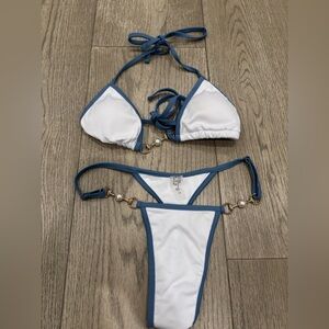 SHEIN White and Blue Bikini with Pearl Accents
